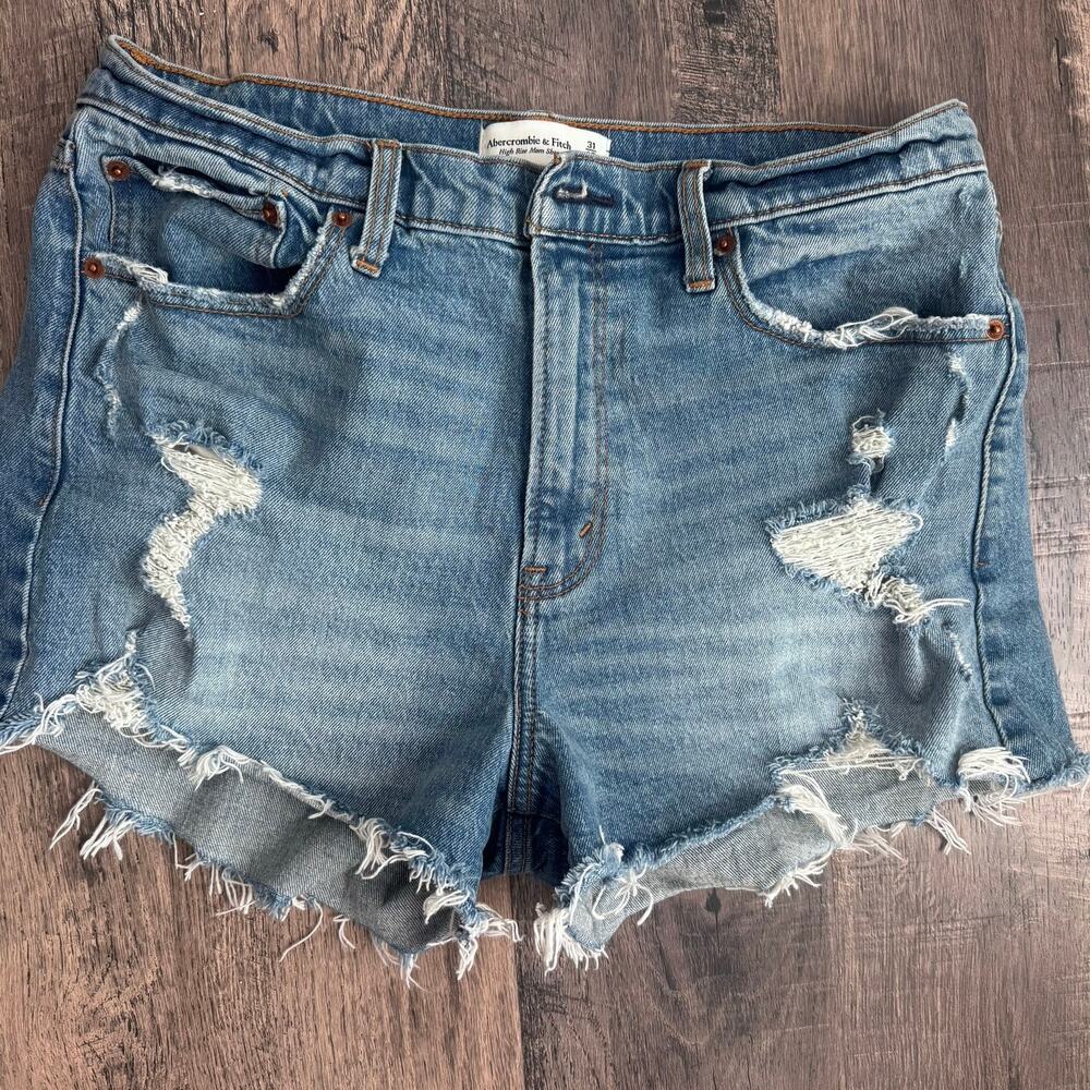 Abercrombie High Rise Mom Shorts 12 31 Distressed Cut Off Denim Blue Wash